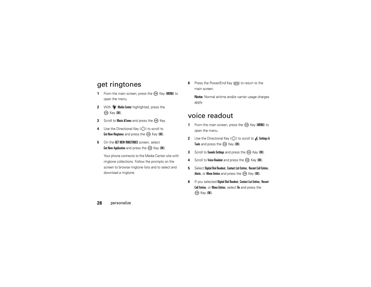 Get ringtones, Voice readout | Motorola Entice W766 User Manual | Page 30 / 244