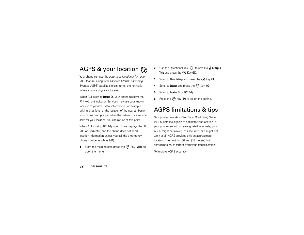 Agps & your location, Agps limitations & tips | Motorola Entice W766 User Manual | Page 34 / 244