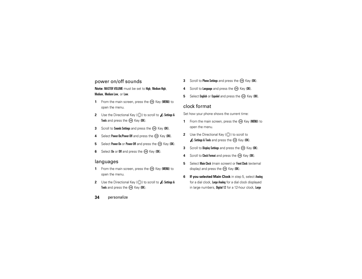 Power on/off sounds, Languages, Clock format | Motorola Entice W766 User Manual | Page 36 / 244