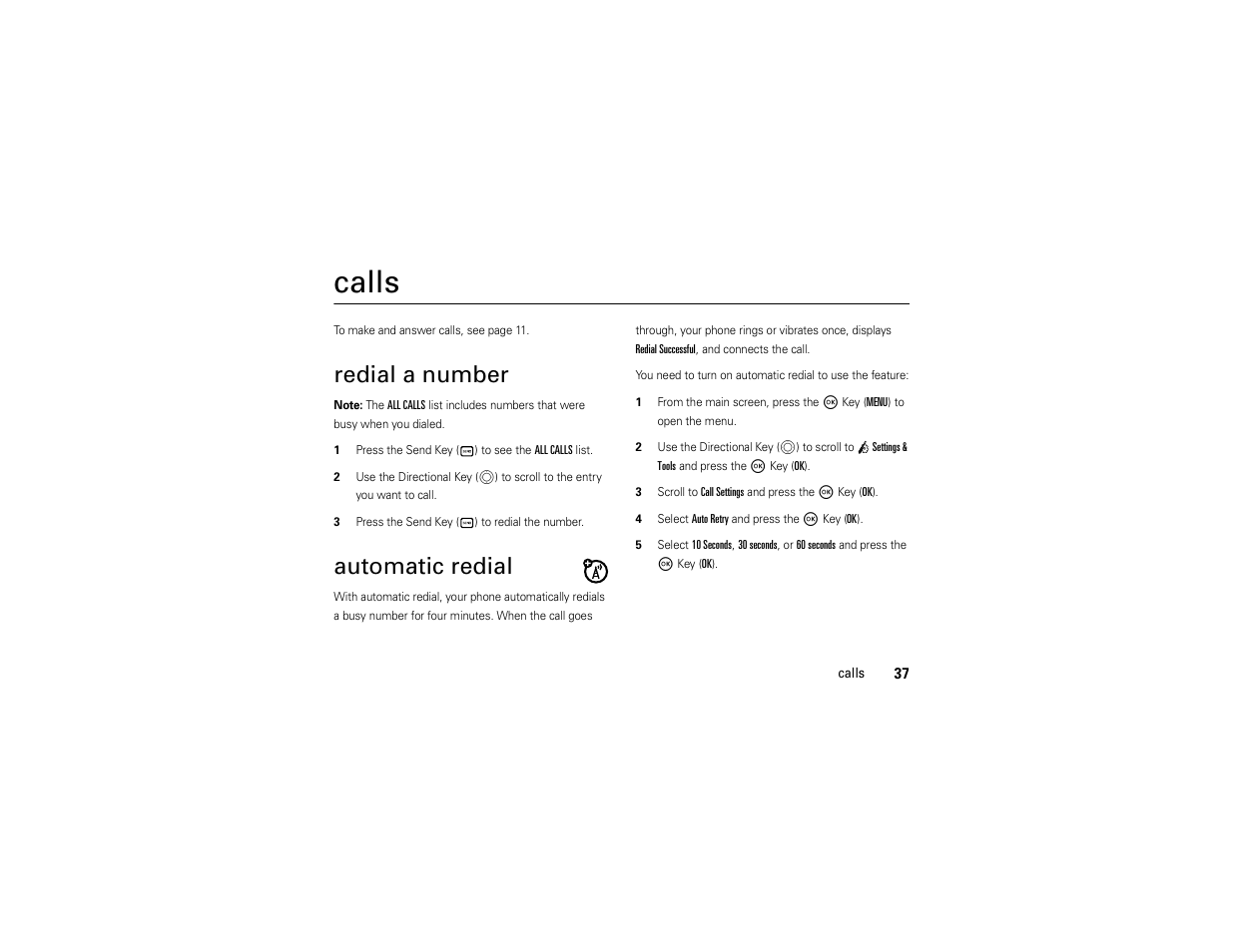 Calls, Redial a number, Automatic redial | Motorola Entice W766 User Manual | Page 39 / 244