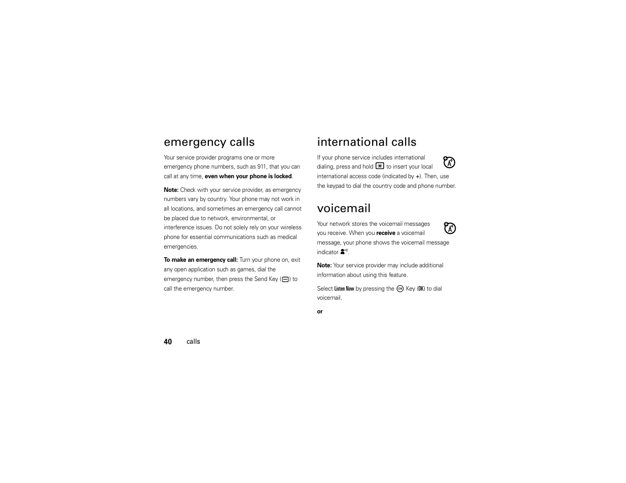 Emergency calls, International calls, Voicemail | Motorola Entice W766 User Manual | Page 42 / 244