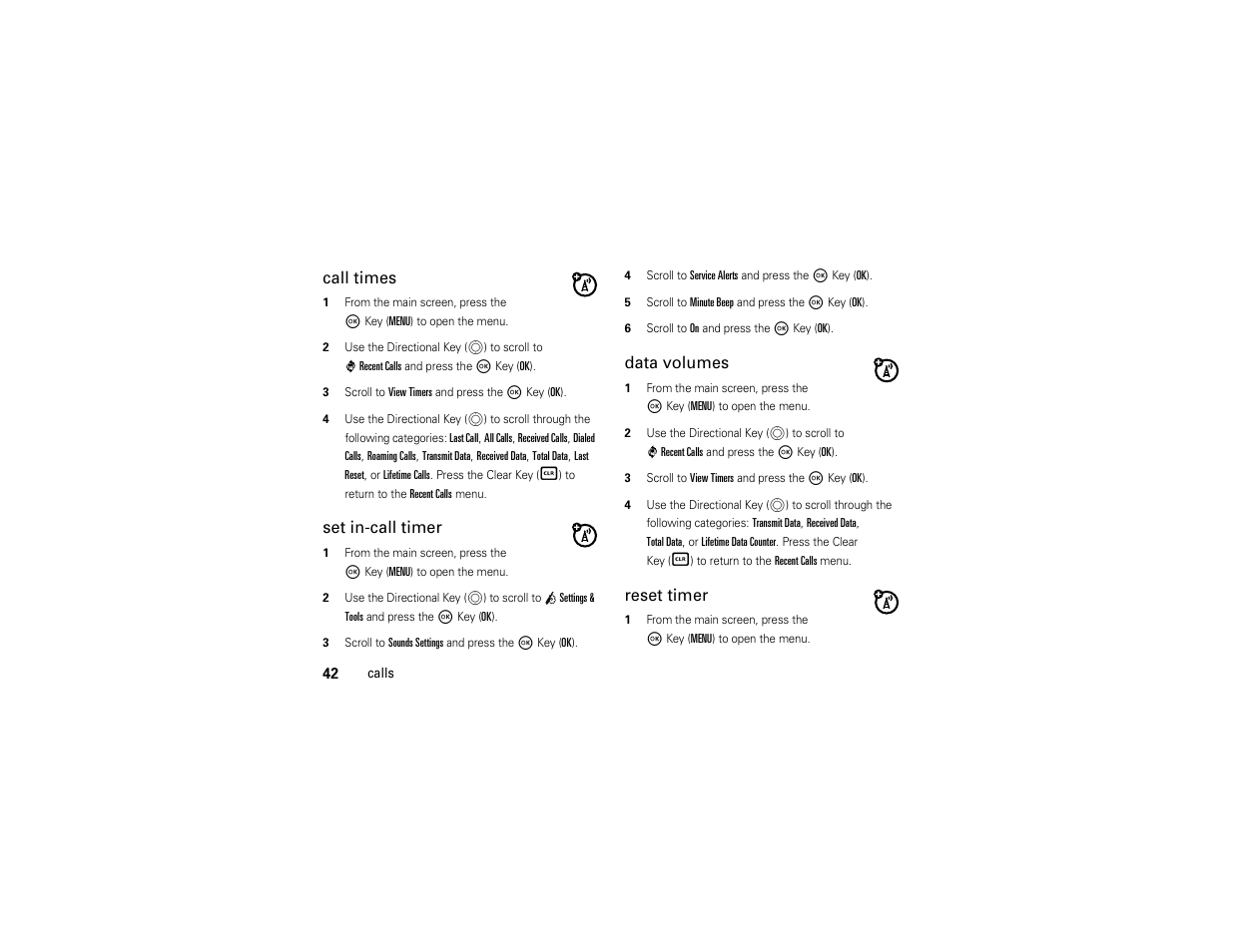 Call times, Set in-call timer, Data volumes | Reset timer | Motorola Entice W766 User Manual | Page 44 / 244