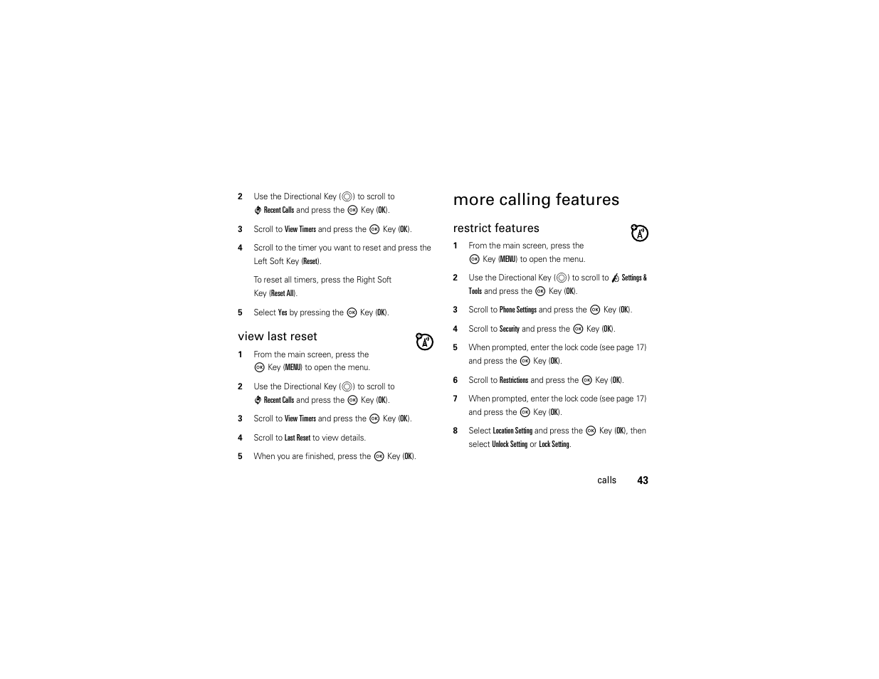 More calling features, View last reset, Restrict features | Motorola Entice W766 User Manual | Page 45 / 244