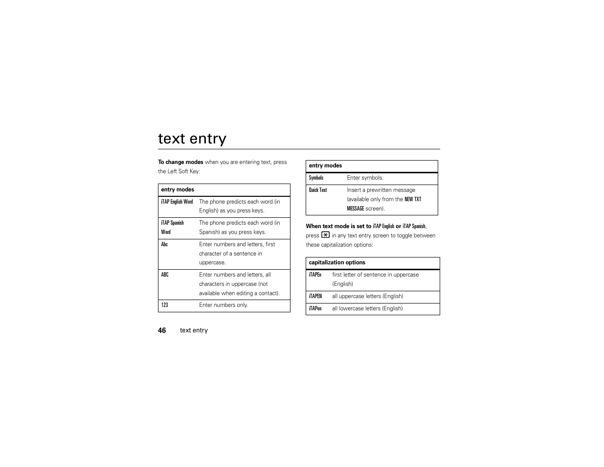 Text entry | Motorola Entice W766 User Manual | Page 48 / 244