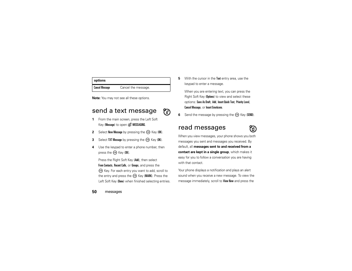 Send a text message, Read messages | Motorola Entice W766 User Manual | Page 52 / 244