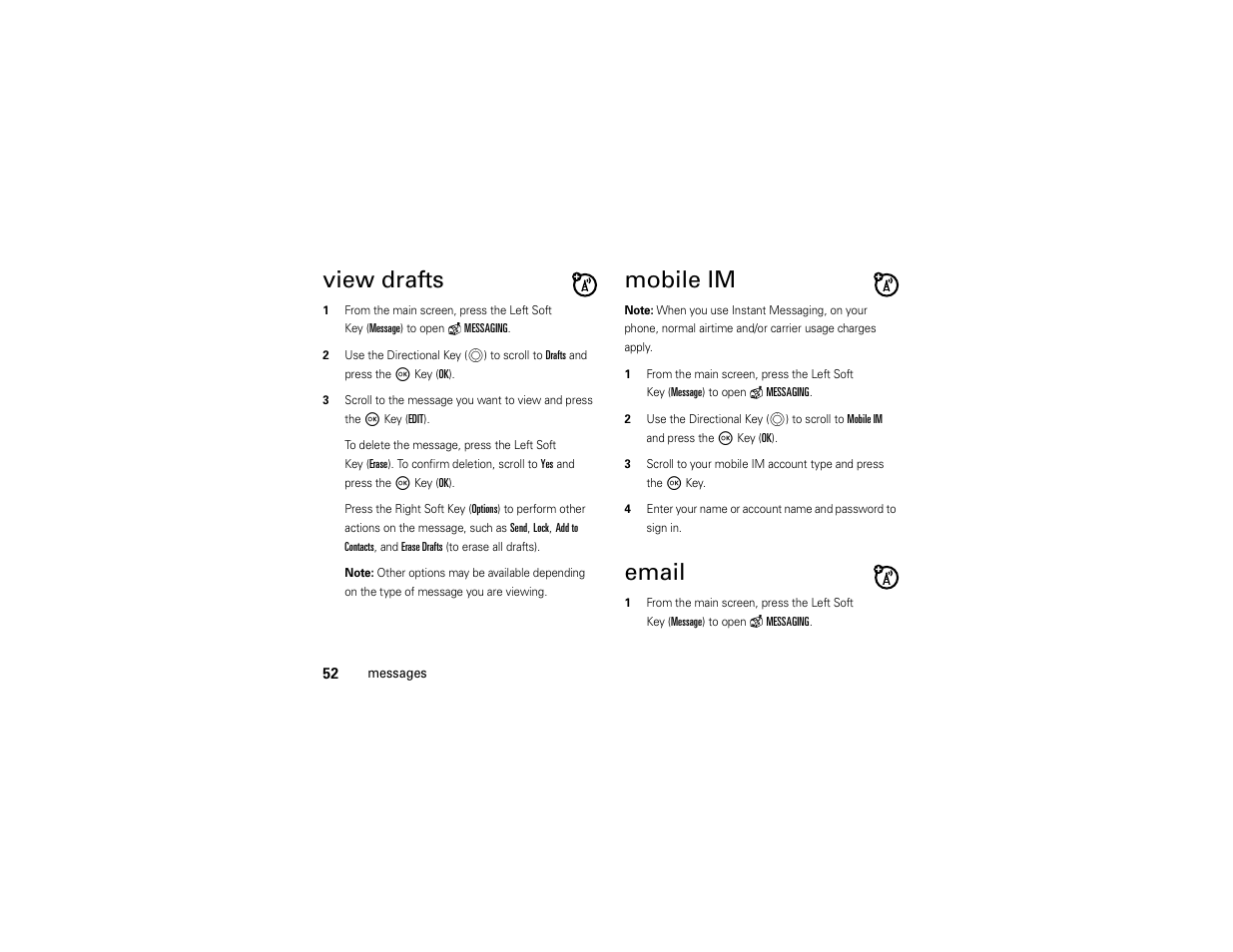 View drafts, Mobile im, Email | Motorola Entice W766 User Manual | Page 54 / 244