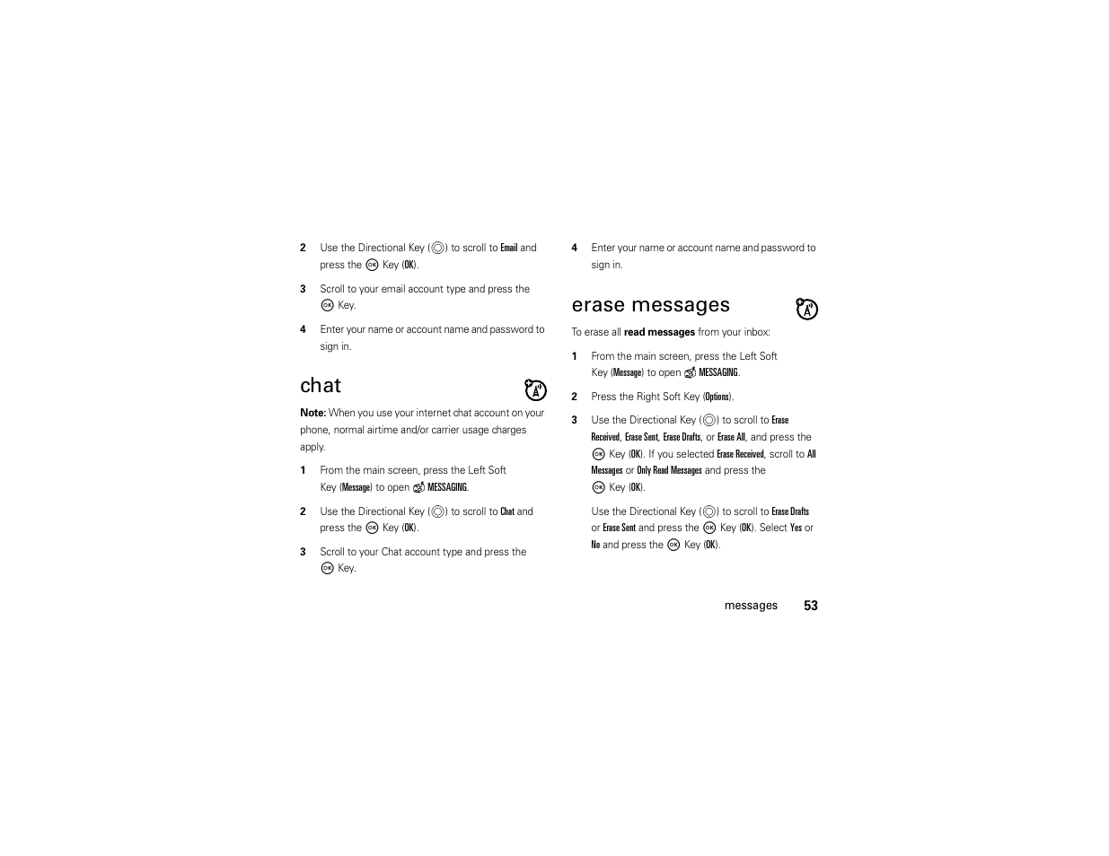 Chat, Erase messages | Motorola Entice W766 User Manual | Page 55 / 244