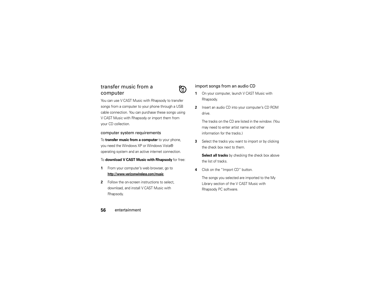 Transfer music from a computer | Motorola Entice W766 User Manual | Page 58 / 244