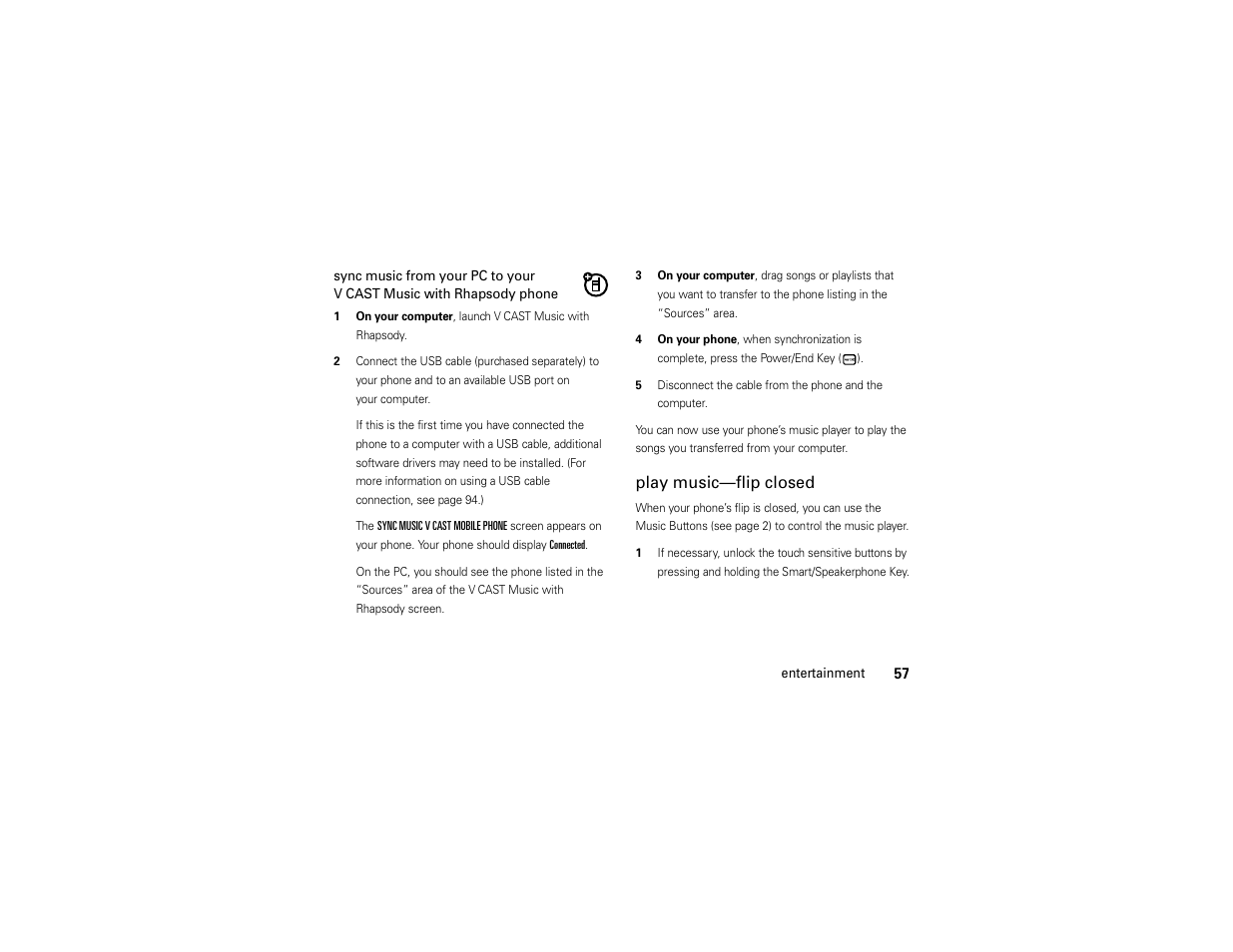 Play music—flip closed | Motorola Entice W766 User Manual | Page 59 / 244