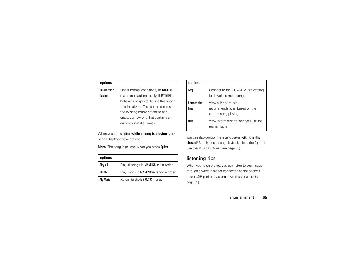 Listening tips | Motorola Entice W766 User Manual | Page 67 / 244