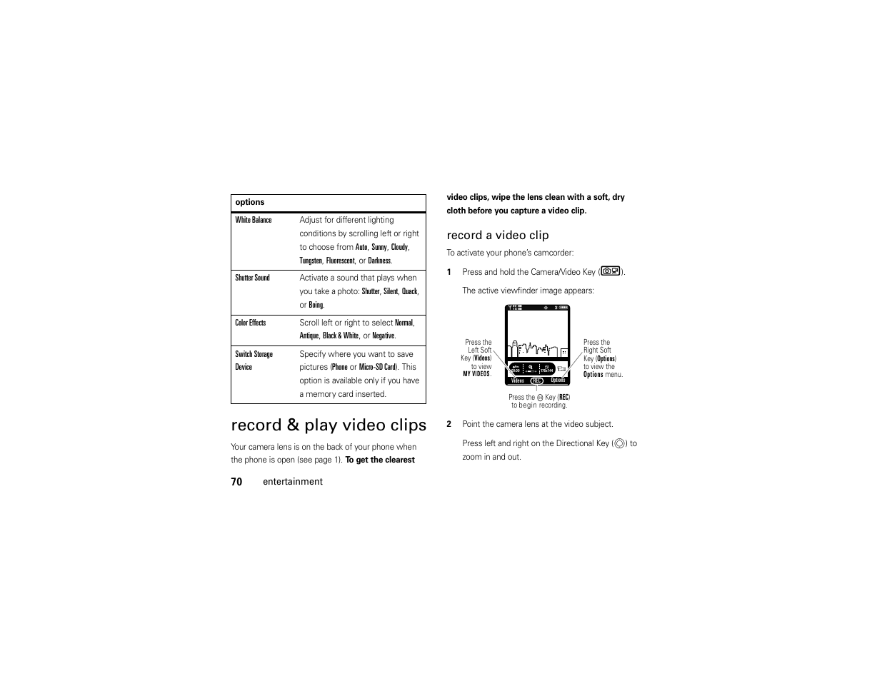 Record & play video clips, Record a video clip | Motorola Entice W766 User Manual | Page 72 / 244