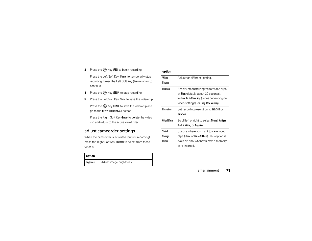 Adjust camcorder settings | Motorola Entice W766 User Manual | Page 73 / 244