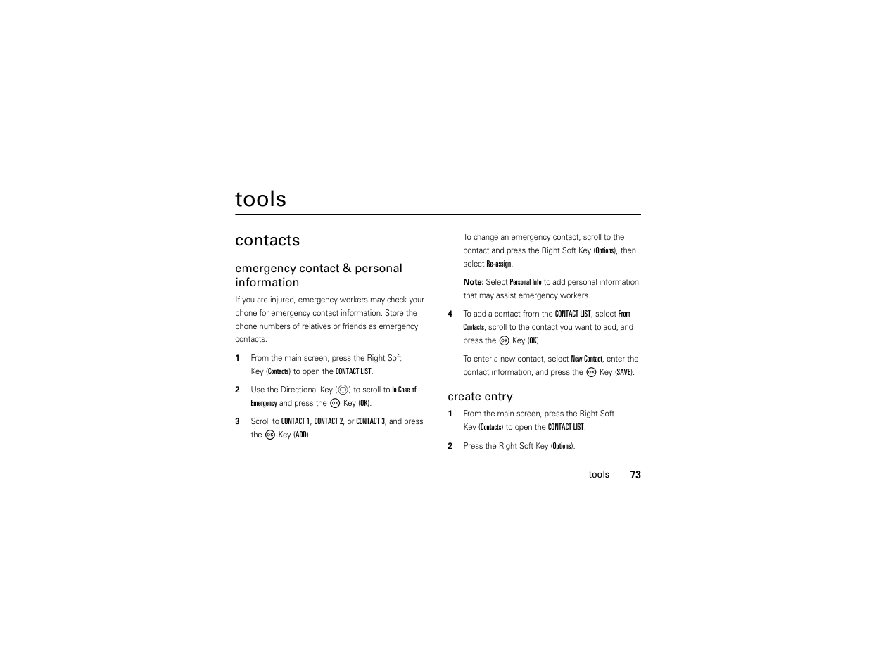 Tools, Contacts | Motorola Entice W766 User Manual | Page 75 / 244