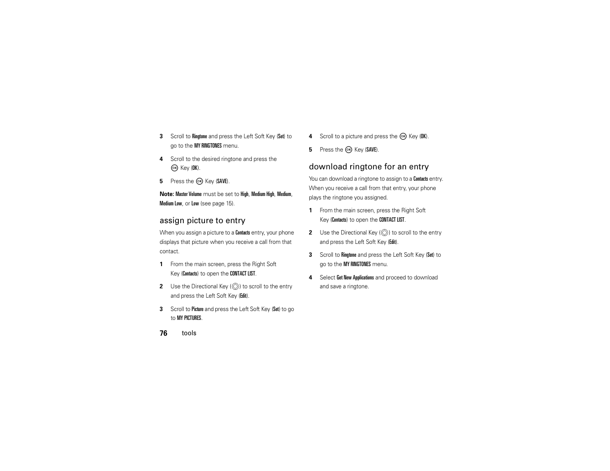 Assign picture to entry, Download ringtone for an entry | Motorola Entice W766 User Manual | Page 78 / 244
