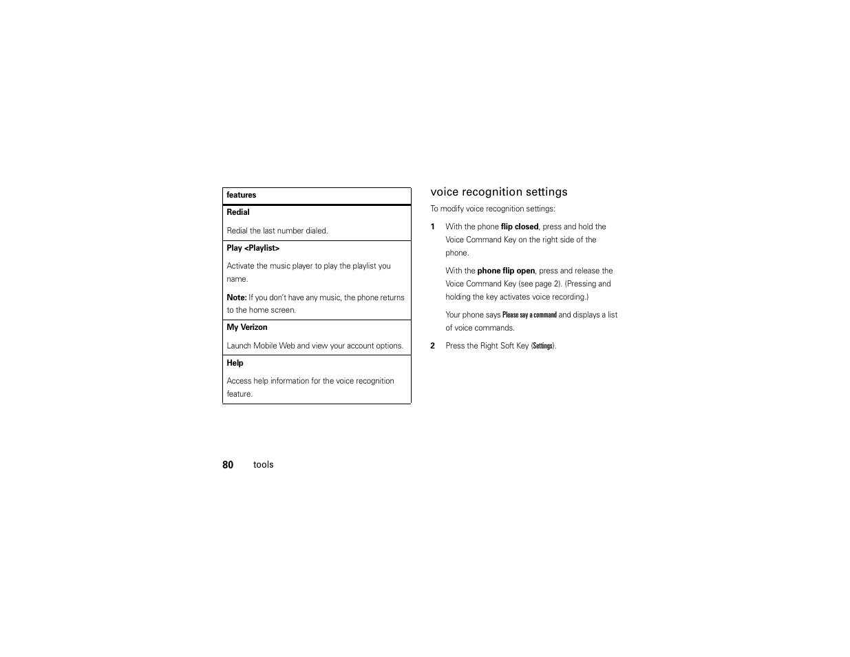 Voice recognition settings | Motorola Entice W766 User Manual | Page 82 / 244