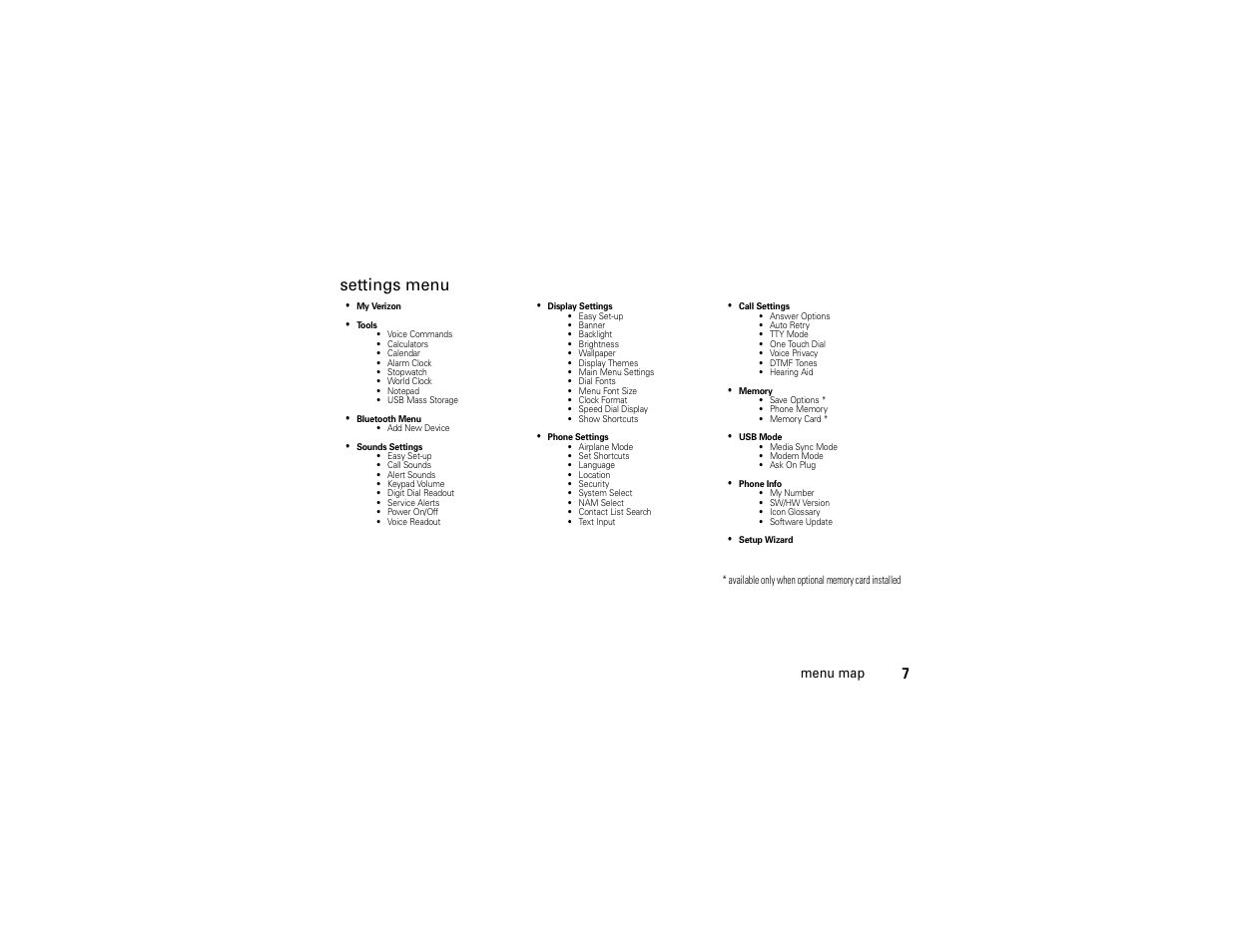 Settings menu | Motorola Entice W766 User Manual | Page 9 / 244