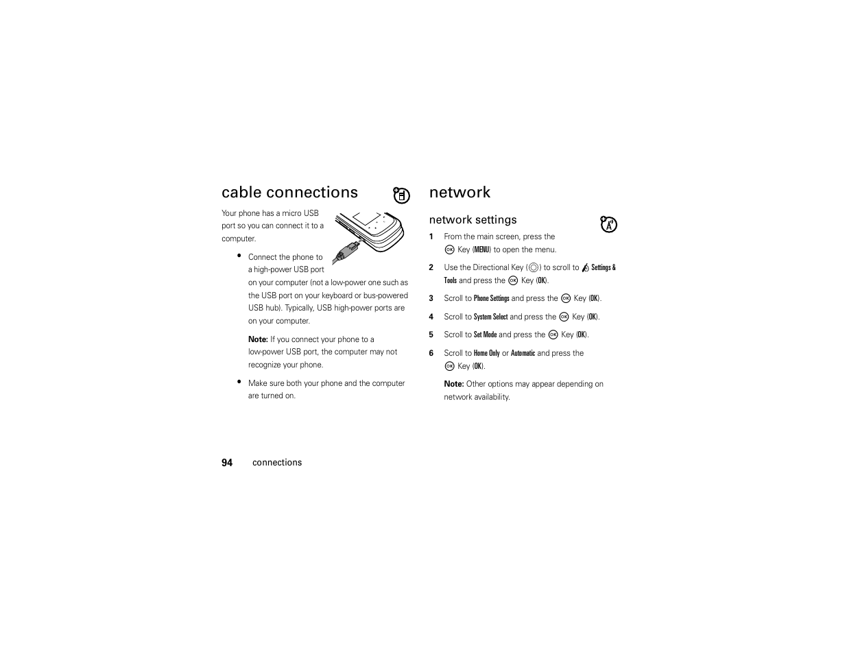 Cable connections, Network | Motorola Entice W766 User Manual | Page 96 / 244