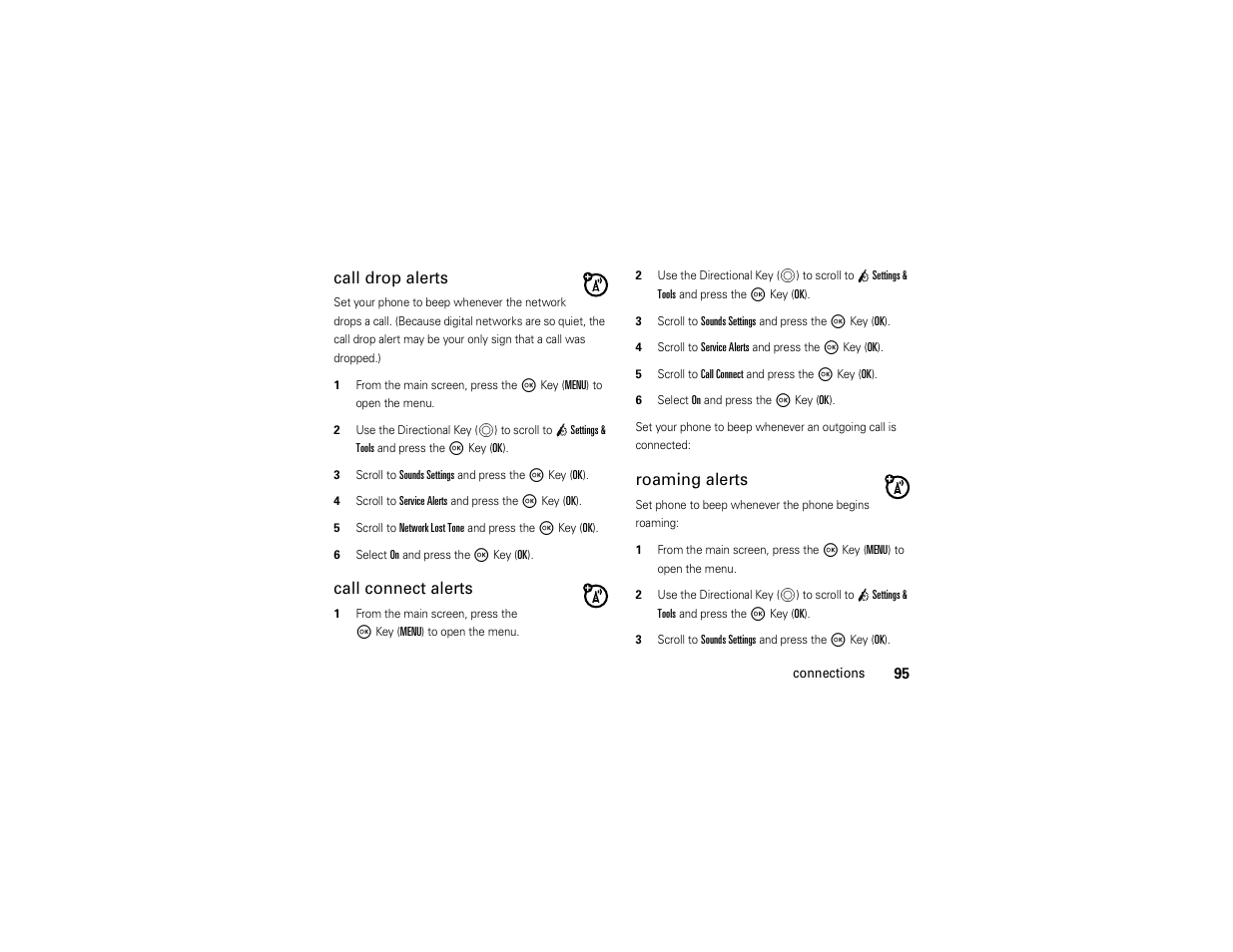 Call drop alerts, Call connect alerts, Roaming alerts | Motorola Entice W766 User Manual | Page 97 / 244