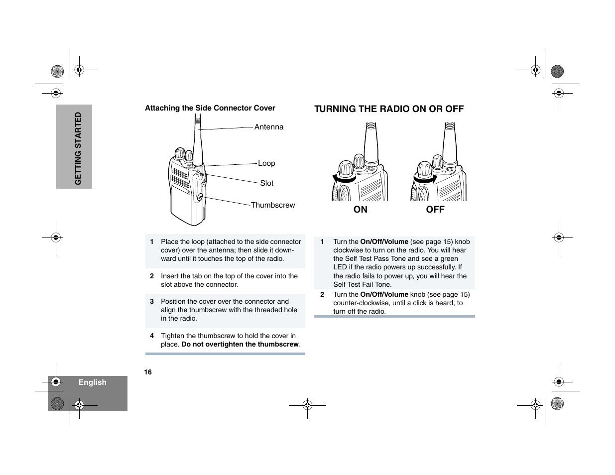 Turning the radio on or off | Motorola EX500 User Manual | Page 18 / 38