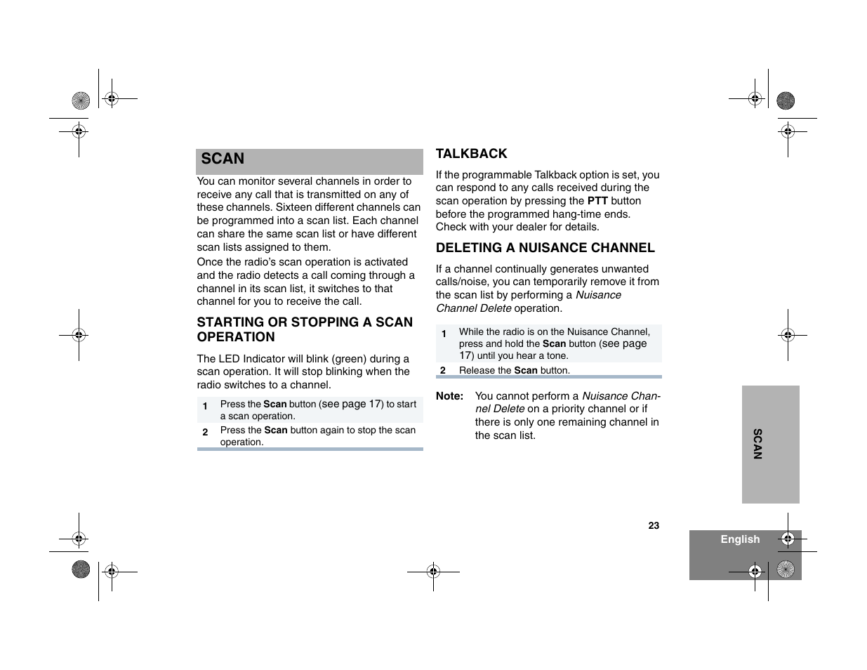 Scan, Starting or stopping a scan operation, Talkback | Deleting a nuisance channel | Motorola EX500 User Manual | Page 25 / 38