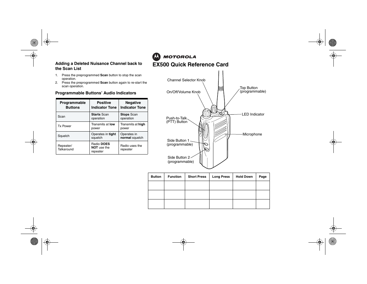 Quick reference card, Ex500 quick reference card | Motorola EX500 User Manual | Page 35 / 38