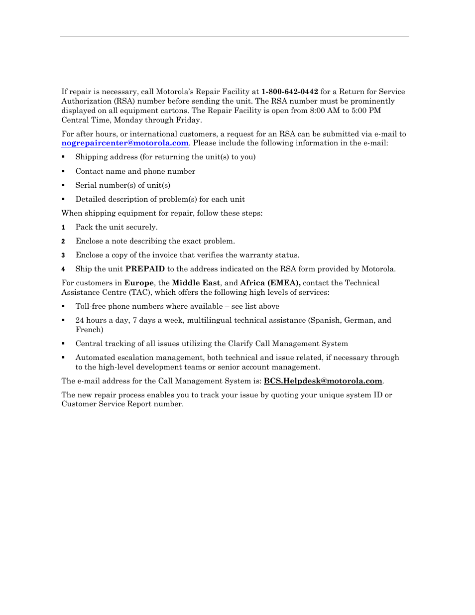 Calling for repairs | Motorola Broadband House Amplifier BHA-100K/P-R User Manual | Page 11 / 28