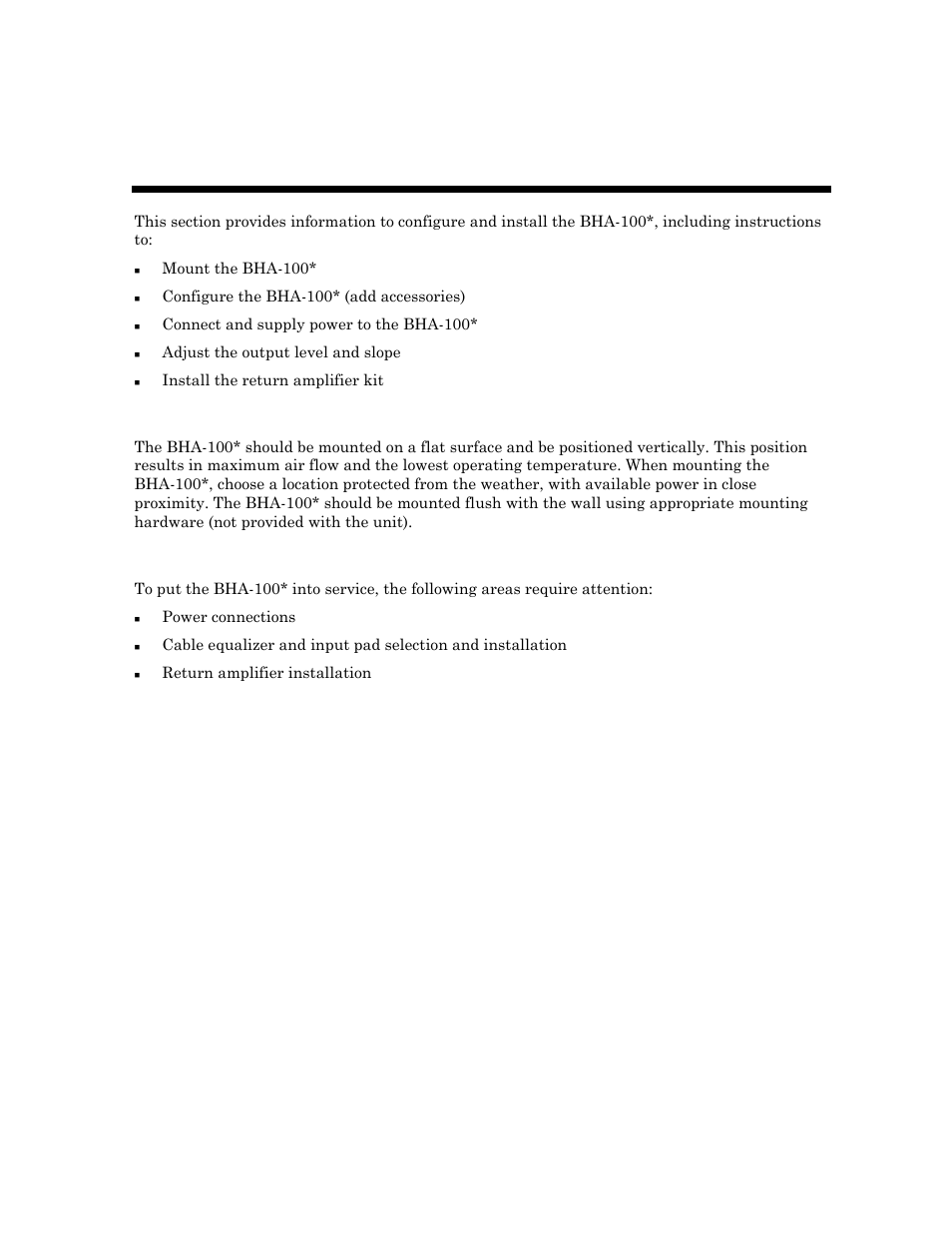 Configuration and installation, Mounting the bha-100, Configuring the bha-100 | Motorola Broadband House Amplifier BHA-100K/P-R User Manual | Page 16 / 28