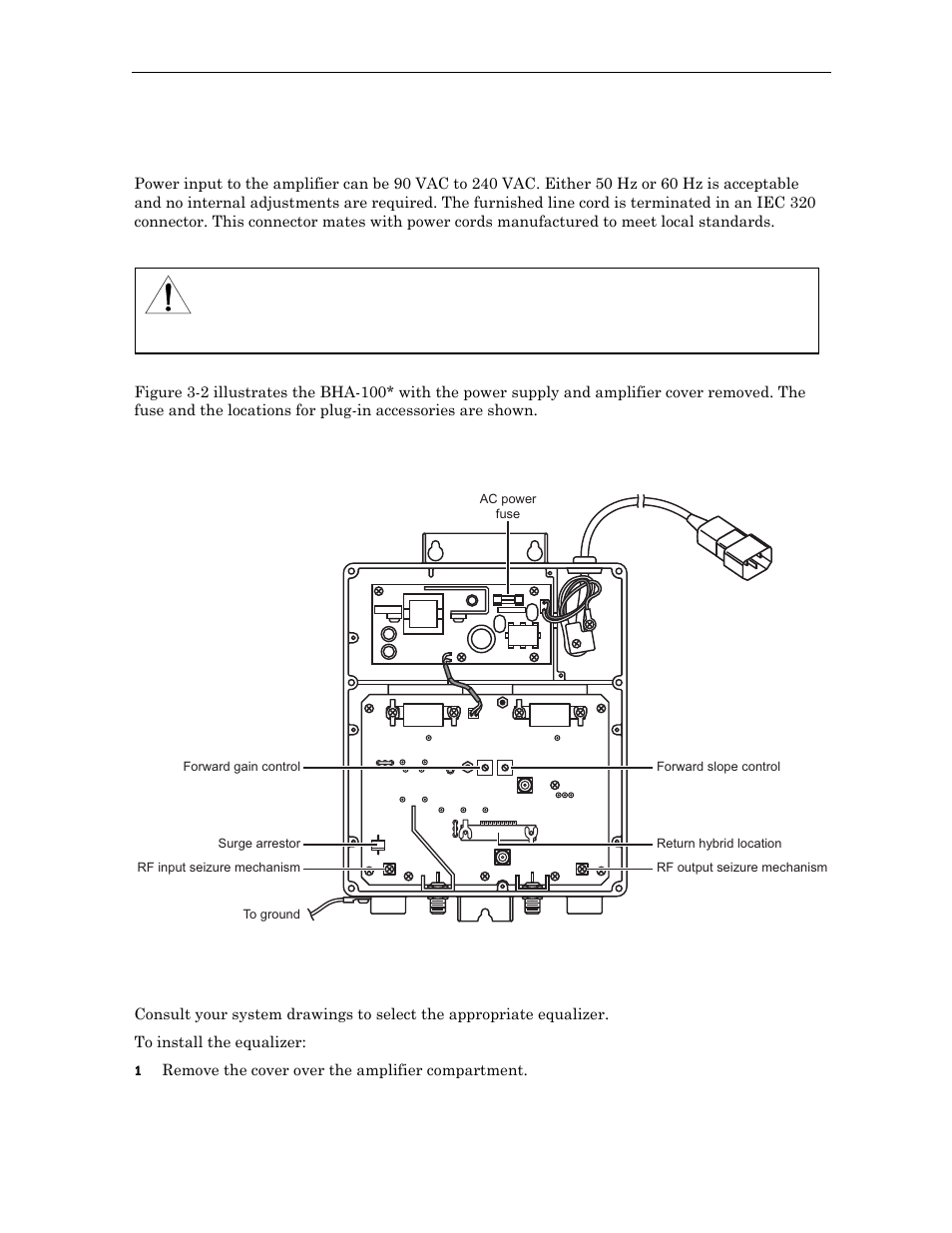 Connecting power, Installing the equalizer and input pad | Motorola Broadband House Amplifier BHA-100K/P-R User Manual | Page 18 / 28