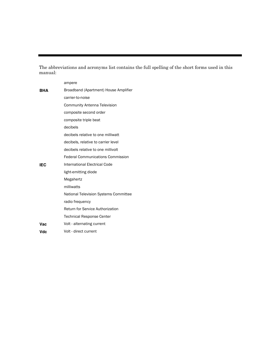 Abbreviations and acronyms | Motorola Broadband House Amplifier BHA-100K/P-R User Manual | Page 26 / 28