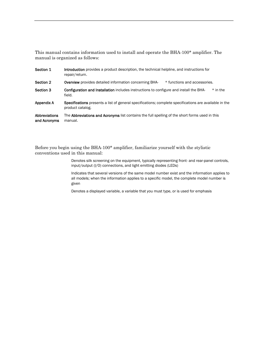 Using this manual, Document conventions | Motorola Broadband House Amplifier BHA-100K/P-R User Manual | Page 9 / 28