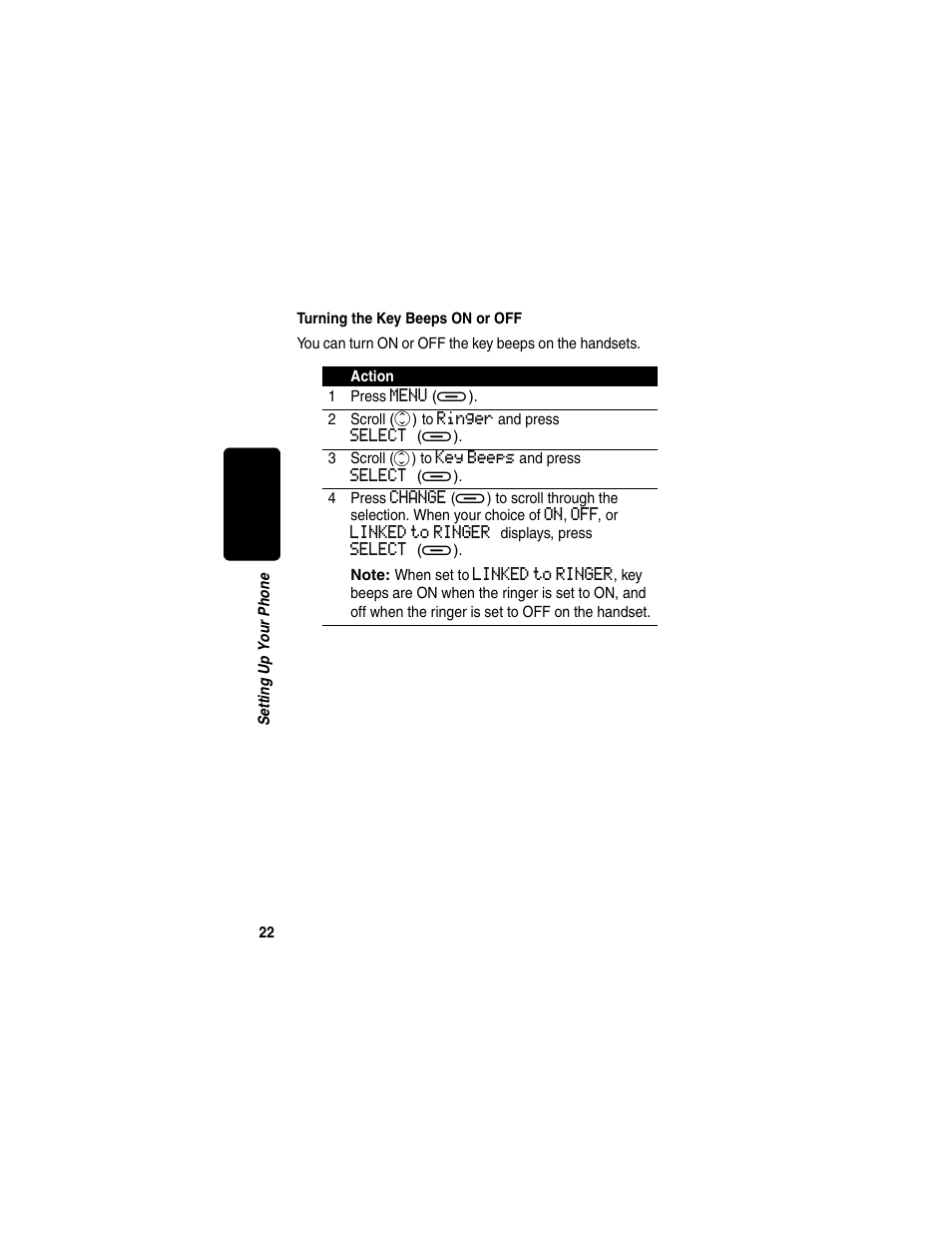 Turning the key beeps on or off | Motorola MD450 Series User Manual | Page 24 / 55