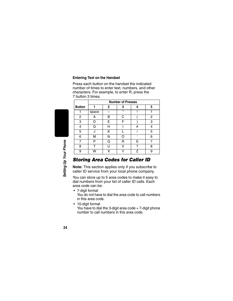 Storing area codes for caller id, Entering text on the handset | Motorola MD450 Series User Manual | Page 26 / 55