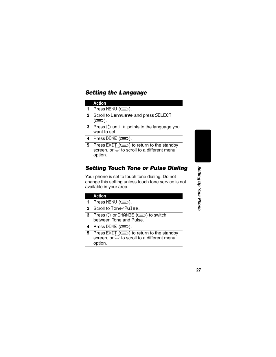 Setting the language, Setting touch tone or pulse dialing | Motorola MD450 Series User Manual | Page 29 / 55