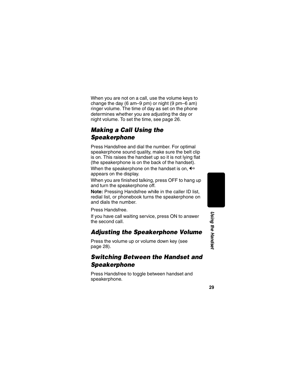 Making a call using the speakerphone, Adjusting the speakerphone volume, Switching between the handset and speakerphone | Motorola MD450 Series User Manual | Page 31 / 55