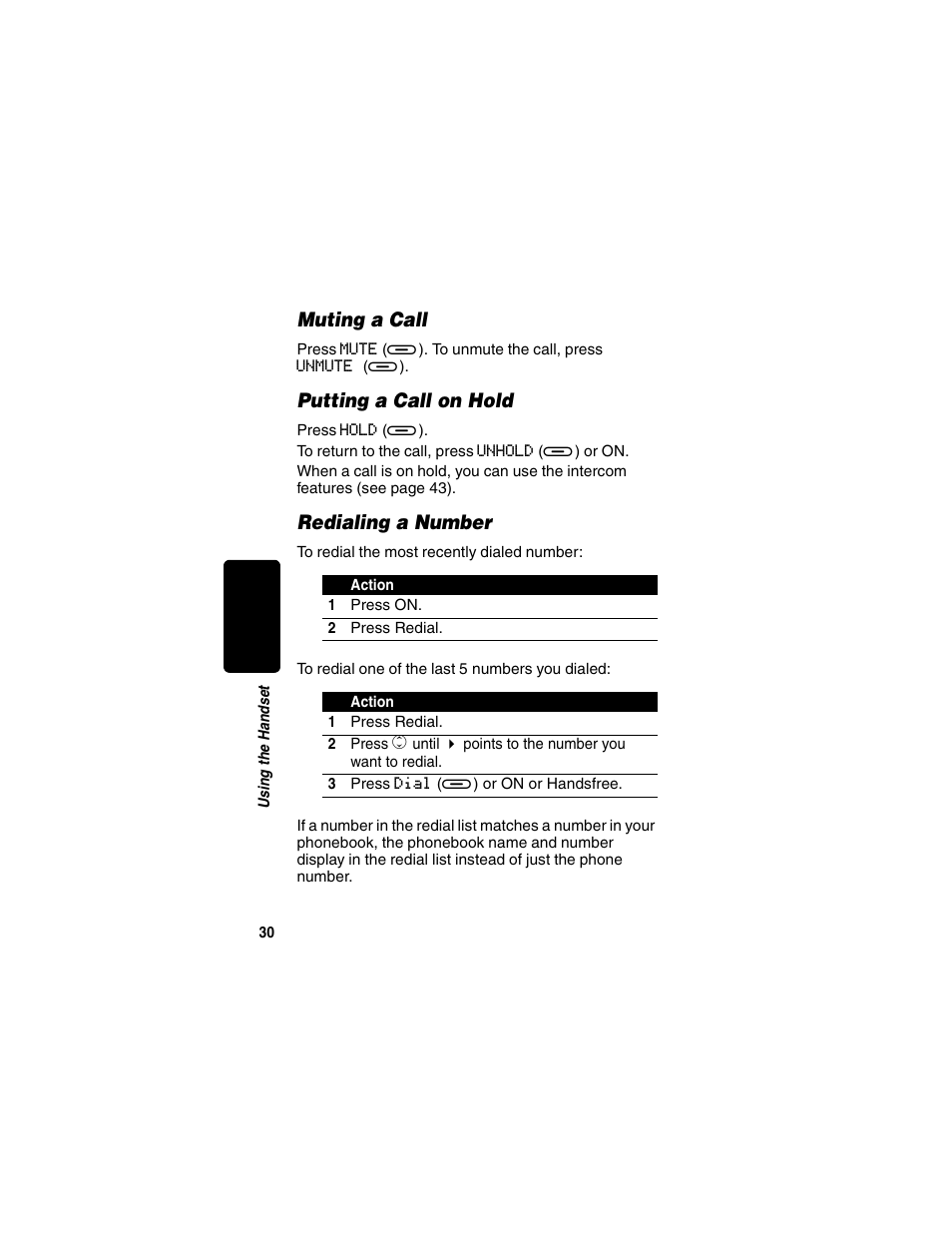 Muting a call, Putting a call on hold, Redialing a number | Putting a call on hold redialing a number | Motorola MD450 Series User Manual | Page 32 / 55