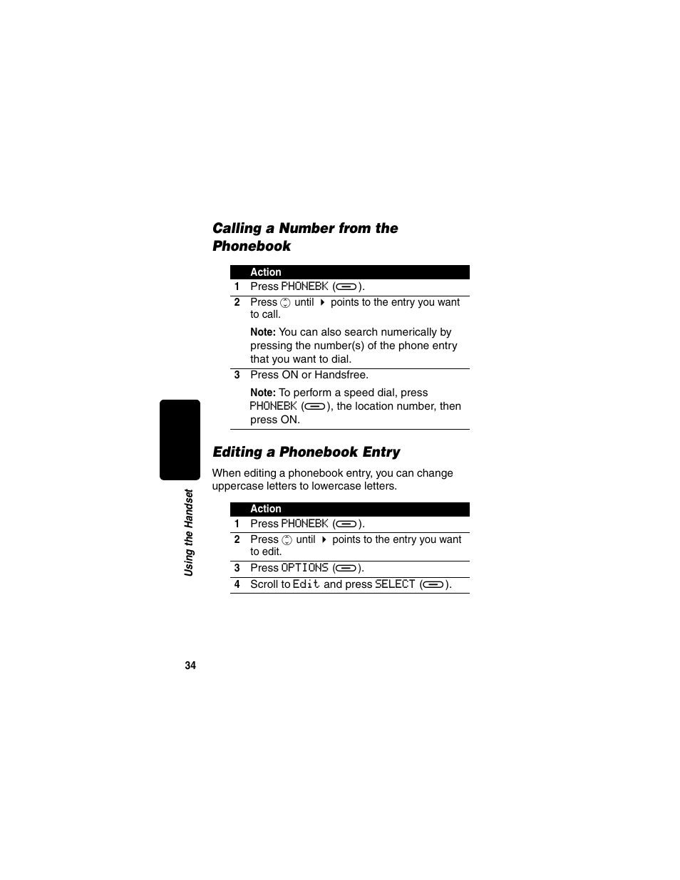 Calling a number from the phonebook, Editing a phonebook entry | Motorola MD450 Series User Manual | Page 36 / 55
