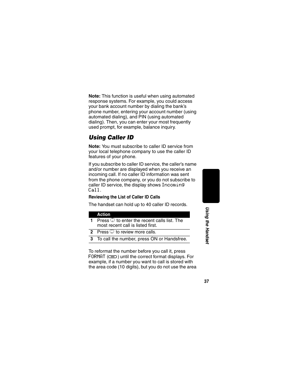 Using caller id, Reviewing the list of caller id calls | Motorola MD450 Series User Manual | Page 39 / 55