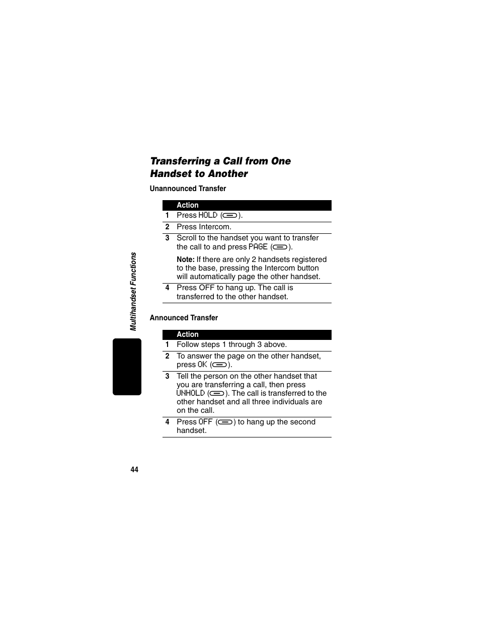 Transferring a call from one handset to another, Unannounced transfer announced transfer | Motorola MD450 Series User Manual | Page 46 / 55