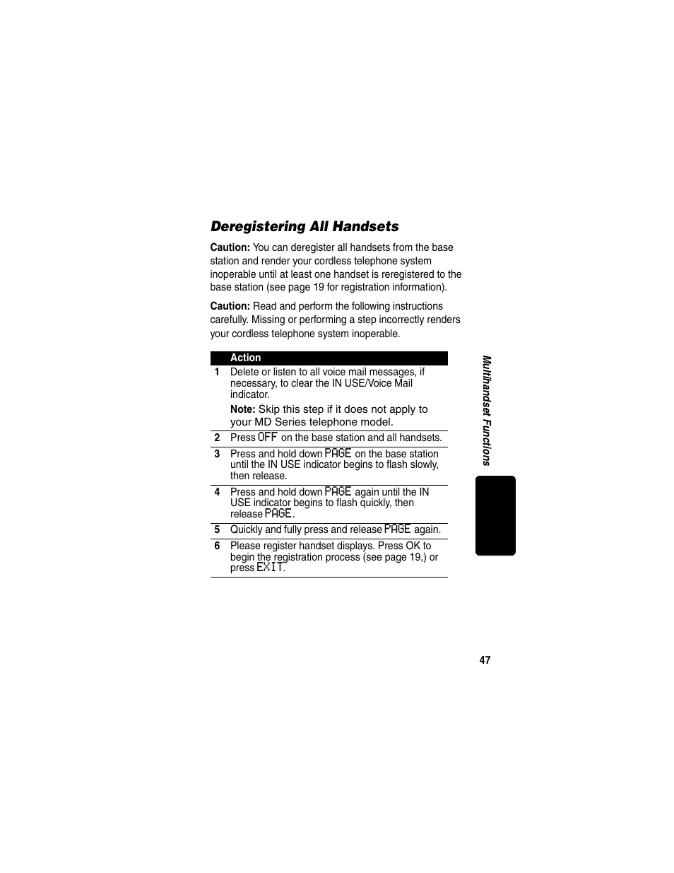 Deregistering all handsets, Deregistering a | Motorola MD450 Series User Manual | Page 49 / 55
