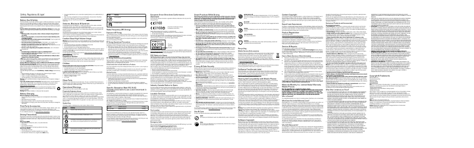 Safety, regulatory & legal, Battery use & safety, Battery charging | Third party accessories, Driving precautions, Seizures, blackouts & eyestrain, Caution about high volume usage, Repetitive motion, Children, Glass parts | Motorola 68XXXXXXXX-A User Manual | Page 2 / 2