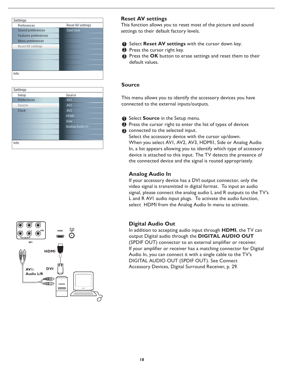 Reset av settings, Analog audio in, Digital audio out | Source | Philips Magnavox 42MF231D/331D User Manual | Page 18 / 39