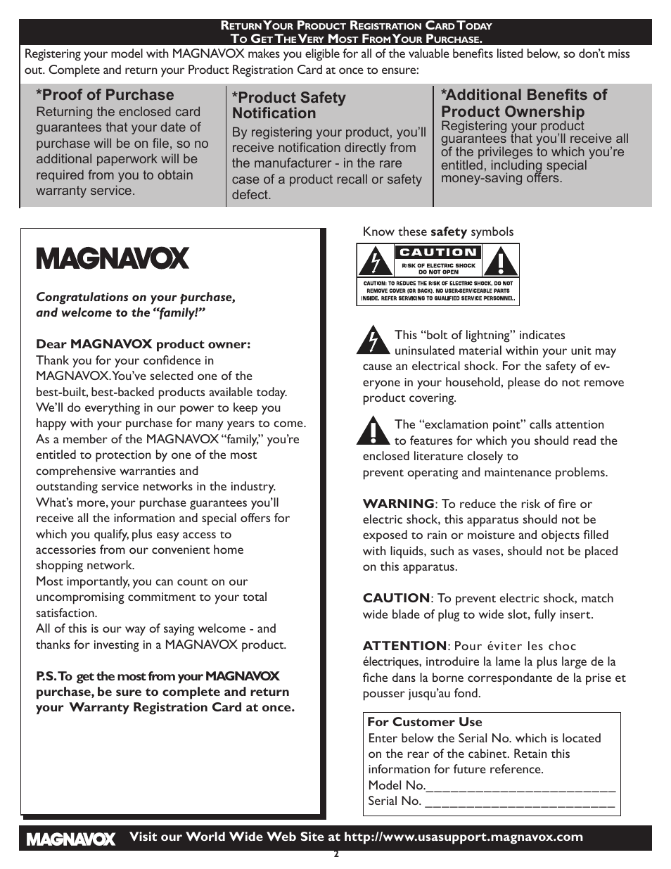 Proof of purchase, Product safety notiﬁcation, Additional beneﬁts of product ownership | Philips Magnavox 42MF231D/331D User Manual | Page 2 / 39