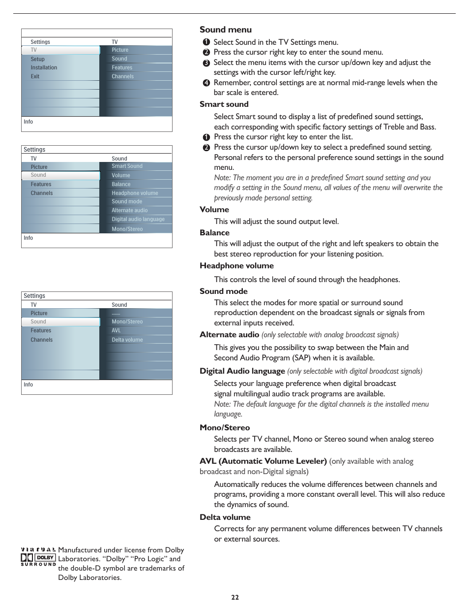 Sound menu | Philips Magnavox 42MF231D/331D User Manual | Page 22 / 39