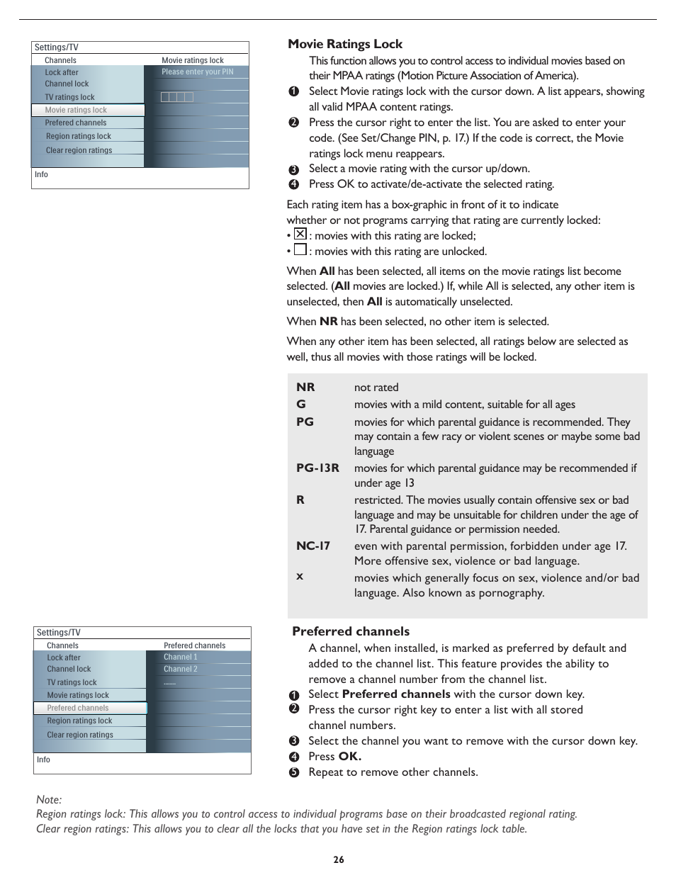 Preferred channels, Movie ratings lock | Philips Magnavox 42MF231D/331D User Manual | Page 26 / 39