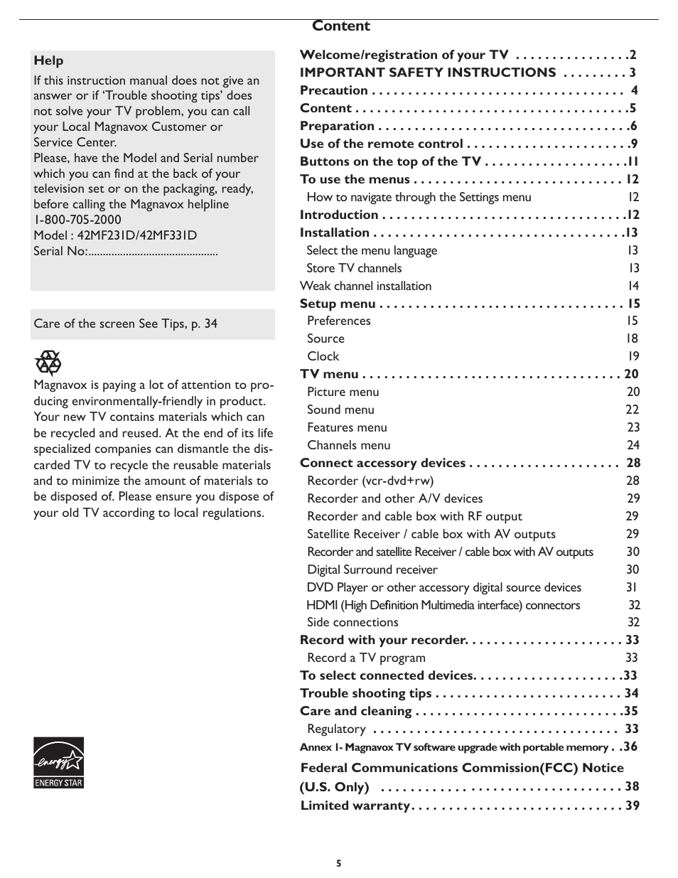 Philips Magnavox 42MF231D/331D User Manual | Page 5 / 39