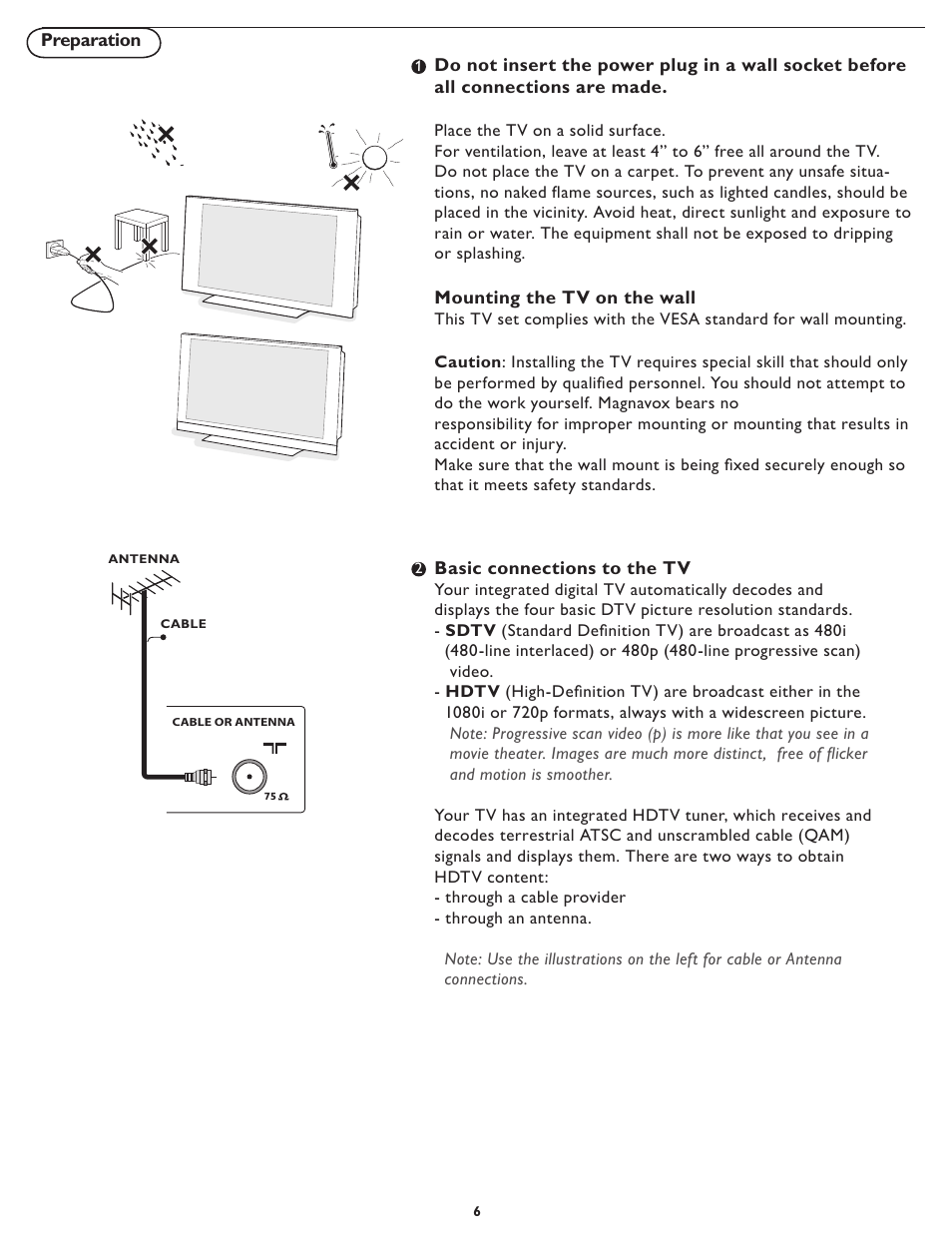 Mounting the tv on the wall, Basic connections to the tv | Philips Magnavox 42MF231D/331D User Manual | Page 6 / 39