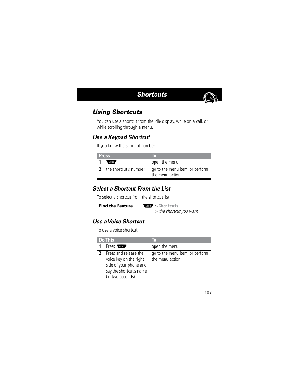 Shortcuts using shortcuts | Motorola 60C User Manual | Page 109 / 190