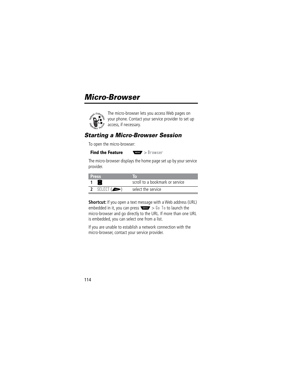 Micro-browser, Starting a micro-browser session | Motorola 60C User Manual | Page 116 / 190