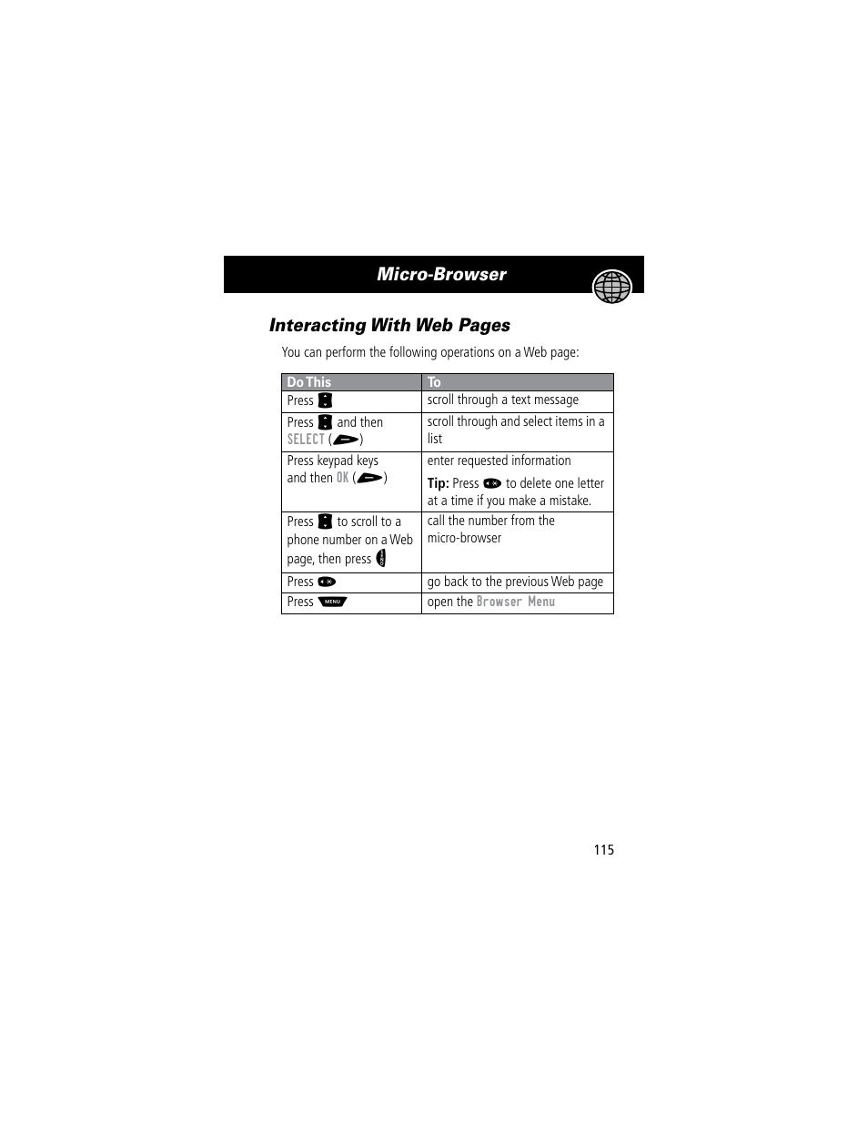 Micro-browser interacting with web pages | Motorola 60C User Manual | Page 117 / 190