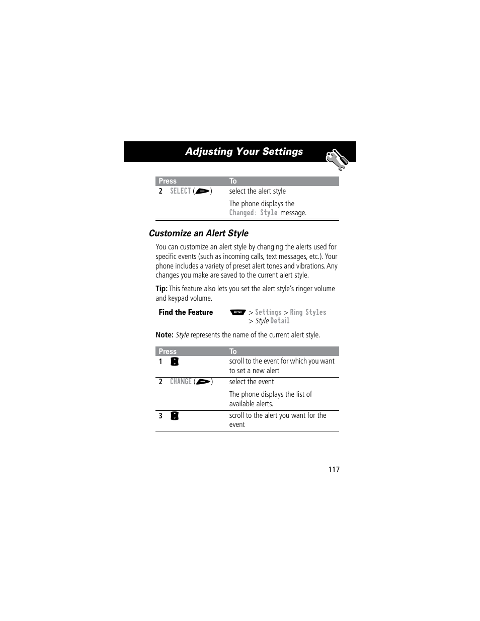 Adjusting your settings | Motorola 60C User Manual | Page 119 / 190